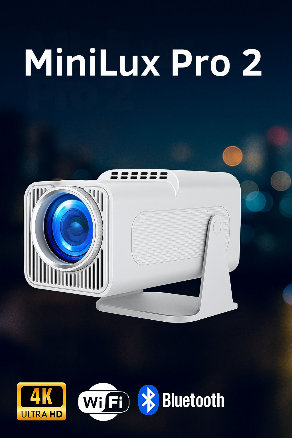 <tc>Minilux Pro 2 - Smart Miniprojektor med Bluetooth og WiFi, Hvid (2025 Model)</tc>