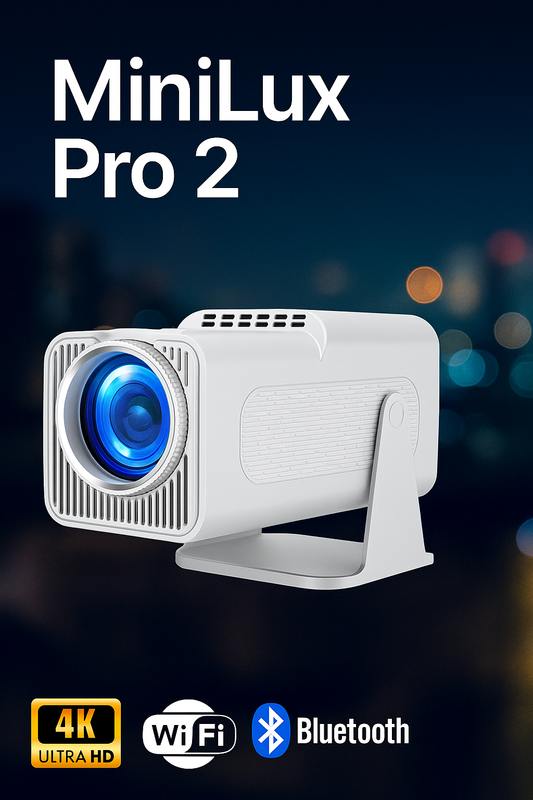 <tc>Minilux Pro 2 - Smart Miniprojektor med Bluetooth og WiFi, Hvid (2025 Model)</tc>